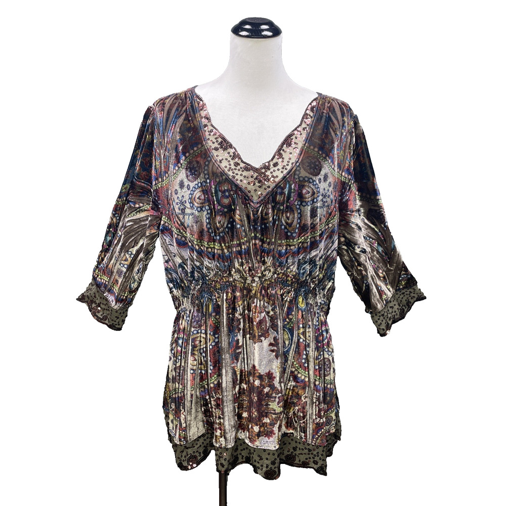 One World Womens 2X Velvet Paisley Boho Relaxed Fit Tunic Top V-Neck Sequin Lace